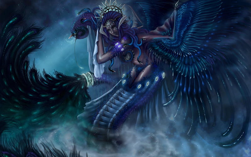 Fantasy girl, wings, tail, angel, peacock, mermaid, woman, mist, fantasy, water, girl, purple, feather, pink, blue, HD wallpaper