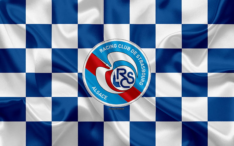 RC Strasbourg Alsace, Strasbourg FC logo, creative art, blue and white checkered flag, French football club, Ligue 1, emblem, silk texture, Strasbourg, France, football, HD wallpaper