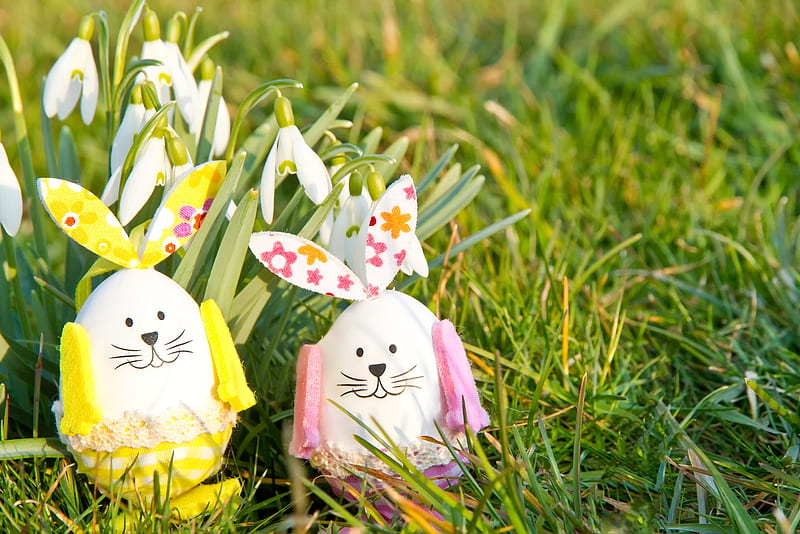 Happy Easter!, egg, deco, green, grass, bunny, spring, easter, card, HD wallpaper