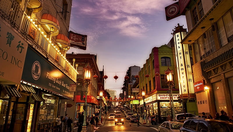 san francisco chinatown at dusk, city, dusk, street, lights, stores, HD wallpaper