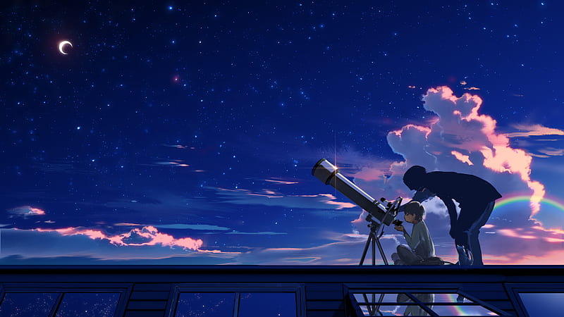 Anime, Boy, Telescope , Night, HD wallpaper