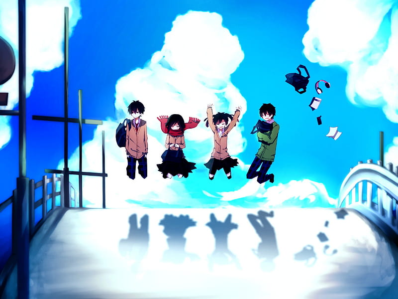 Kagerou Project, Scarf, Cant think of a fourth, Clouds, Friends, Shadow, Jumping, HD wallpaper