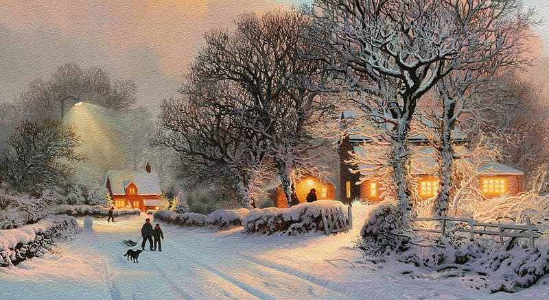 Village in Winter, christmas, snow, houses, village, trees, lights, winter, HD wallpaper
