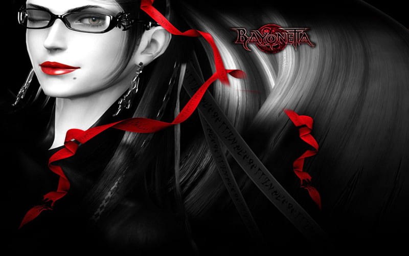 Bayonetta, red, ribbon, glasses, game, black, video games, HD wallpaper