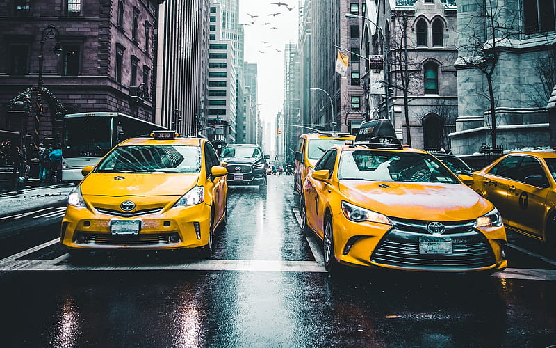 New York, street, yellow taxi, winter, skyscrapers, USA, NYC, America, HD wallpaper