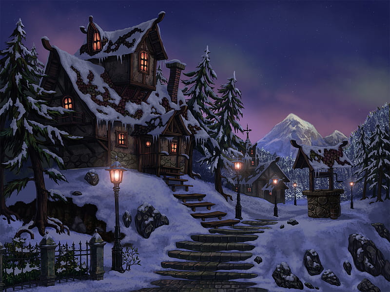 Winter, houses, digital painting, snow, ice, nature, season, drawings, blue, HD wallpaper