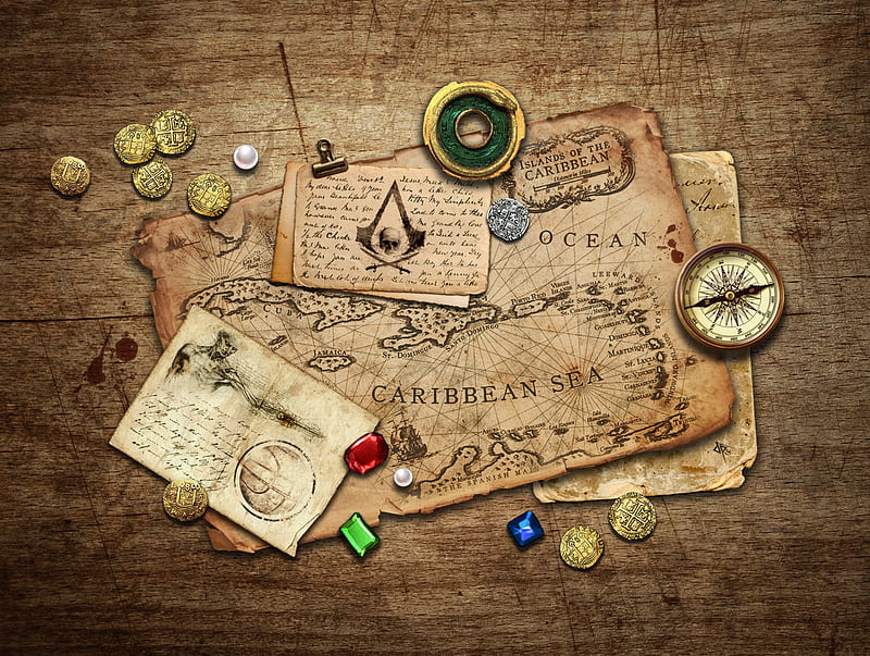 Ac4 Treasure Map, assassins, black, creed, flag, map, symbol, treasure, HD wallpaper