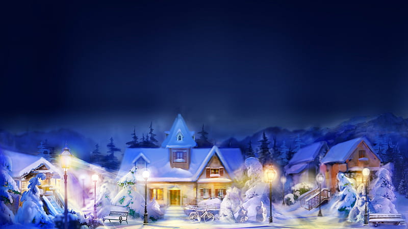 Winter Scenery, house, bonito, lights, nice, fantasy, moon, light, night, christmas, town, colors, new year, sky, abstract, winter, cute, tree, colo, white, HD wallpaper