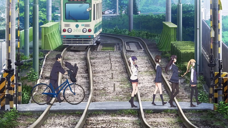 Railway Crossing, pretty, bicycle, adorable, sweet, nice, railway, train, crossing, anime, anime girl, scenery, school uniform, female, male, lovely, cute, boy, kawaii, girl, walking, tracks, scene, HD wallpaper
