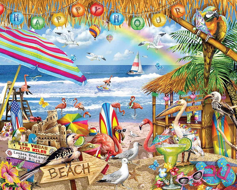HAPPY HOUR, BEACH, HAPPY, PARTY, BIRDS, HOUR, HD wallpaper