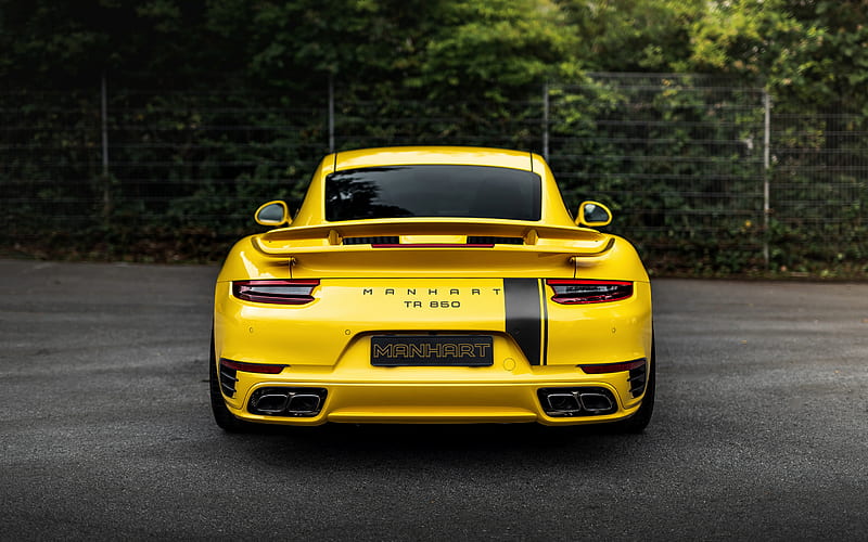 Porsche 911 Turbo S, Manhart, 2020, rear view, exterior, yellow sports coupe, german cars, Porsche, HD wallpaper