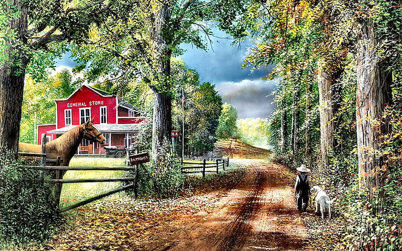 The Road to the General Store F1, architecture, art, general store, equine, bonito, horse, artwork, canine, painting, wide screen, road, scenery, landscape, dog, HD wallpaper
