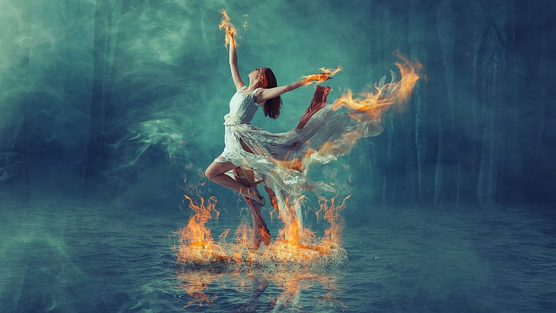 Burning Dance, fire, water, girl, manipulation, HD wallpaper
