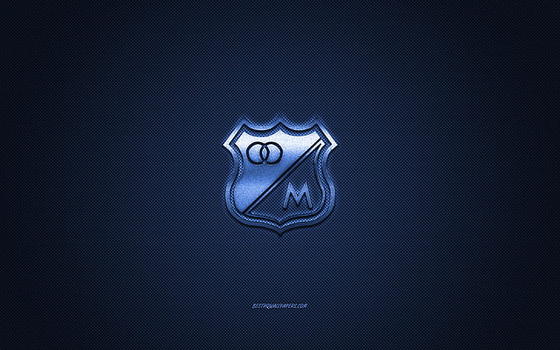 Millonarios FC, Colombian football club, blue logo, blue carbon fiber background, Categoria Primera A, football, Bogota, Colombia, Millonarios FC logo, HD wallpaper