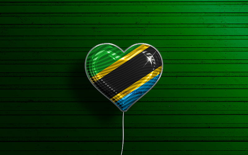 I Love Tanzania realistic balloons, green wooden background, African countries, Tanzanian flag heart, favorite countries, flag of Tanzania, balloon with flag, Tanzanian flag, Tanzania, Love Tanzania, HD wallpaper