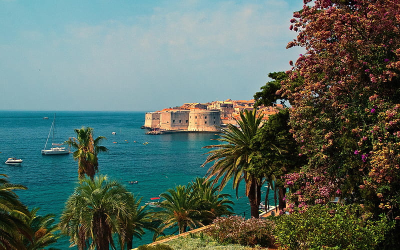Dubrovnik, bay, Adriatic Sea, white yacht, seascape, Croatia, HD wallpaper