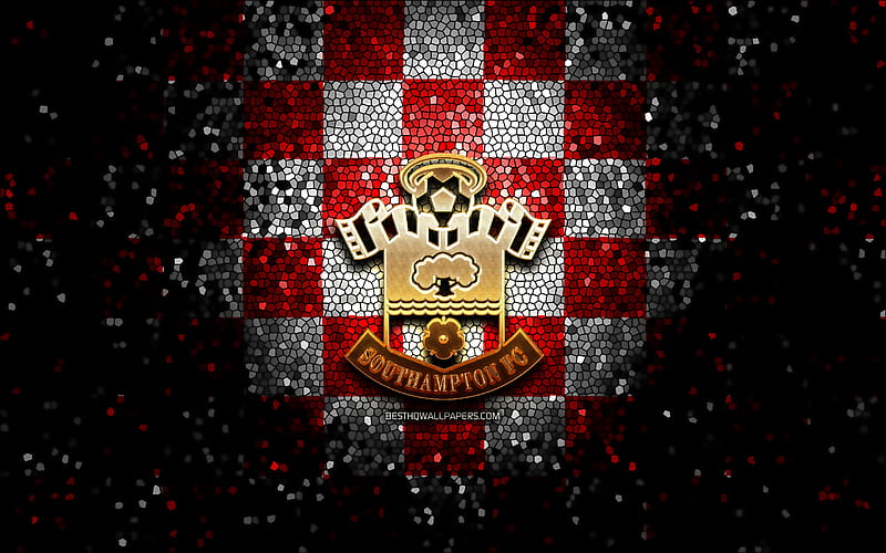 Southampton FC, glitter logo, Premier League, red white checkered background, soccer, FC Southampton, english football club, Southampton logo, mosaic art, football, England, HD wallpaper