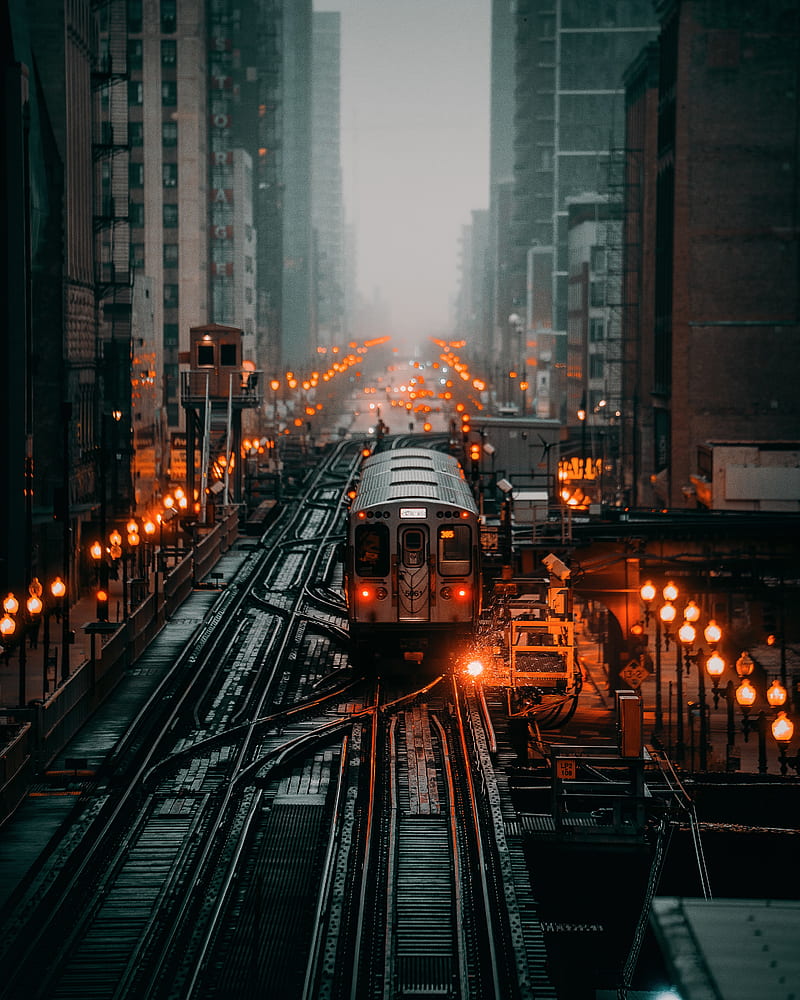 train, railroad, rails, city, fog, HD phone wallpaper