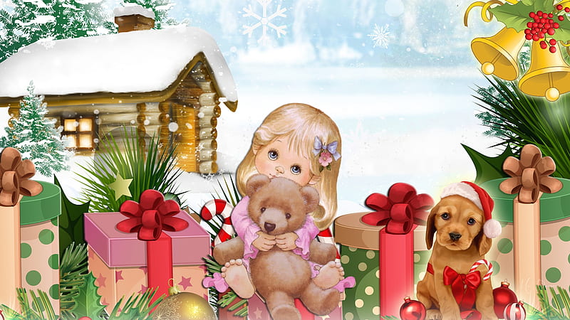 Christmas Sweetheart and Puppy, Christmas, New Years, winter, cutie, snow, little girl, presents, toys, cotage, bells, gifts, Firefox Persona theme, puppy, HD wallpaper