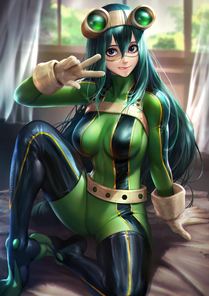 Tsuyu Asui, Boku no Hero Academia, fantasy girl, anime, anime girls, looking at viewer, portrait display, vertical, dark hair, long hair, goggles, tongue out, tongues, peace sign, costumes, green clothing, tight clothing, gloves, thigh-highs, sitting, window, depth of field, artwork, drawing, digital art, illustration, fan art, NeoArtCorE (artist), smiling, bangs, HD phone wallpaper