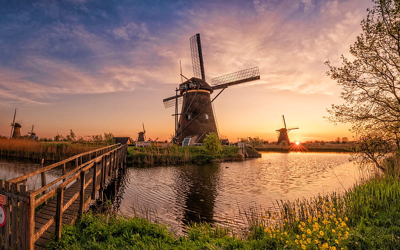 Kinderdijk, sunset, mill, bridge, Holland, Netherlands, Europe, beautiful nature, HD wallpaper
