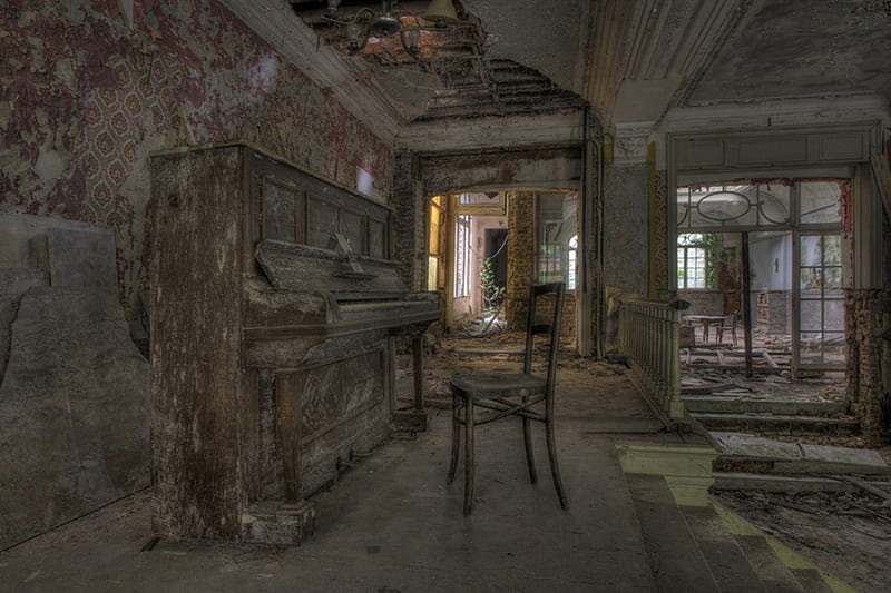 decay, song, hall, play, piano, abandoned, HD wallpaper