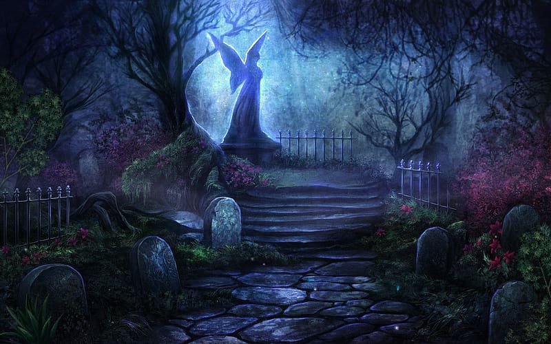 Fantasy, Night, Flower, Dark, Angel, Cemetery, Graveyard, HD wallpaper