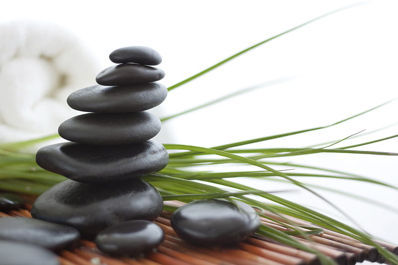 Zen stone, zen, grass, fresh, black, peace, calm, green, stone, feng shui, meditation, HD wallpaper