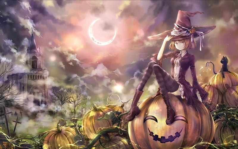 Happy Halloween!, witch, mio, moon, orange, halloween, manga, black, cat, hat, moon, girl, purple, pumpkin, anime, pixiv, night, HD wallpaper