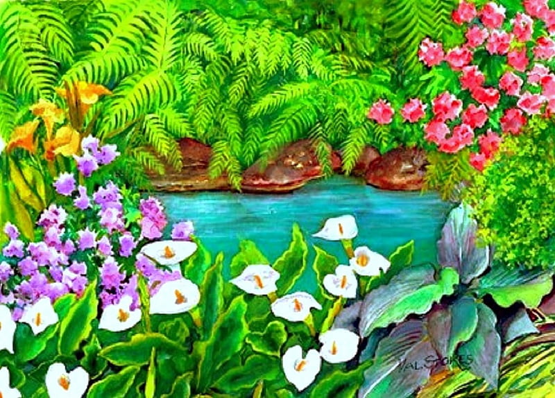 ★Arums and Stream★, stunning, colors, love four seasons, places, bonito, attractions in dreams, creative pre-made, country, paintings, summer, flowers, gardens, lovely flowers, gardens and parks, streams, HD wallpaper