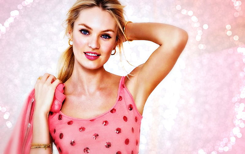Candice Swanepoel, model, glitter, blonde, by cehenot, woman, bokeh, girl, pink, HD wallpaper