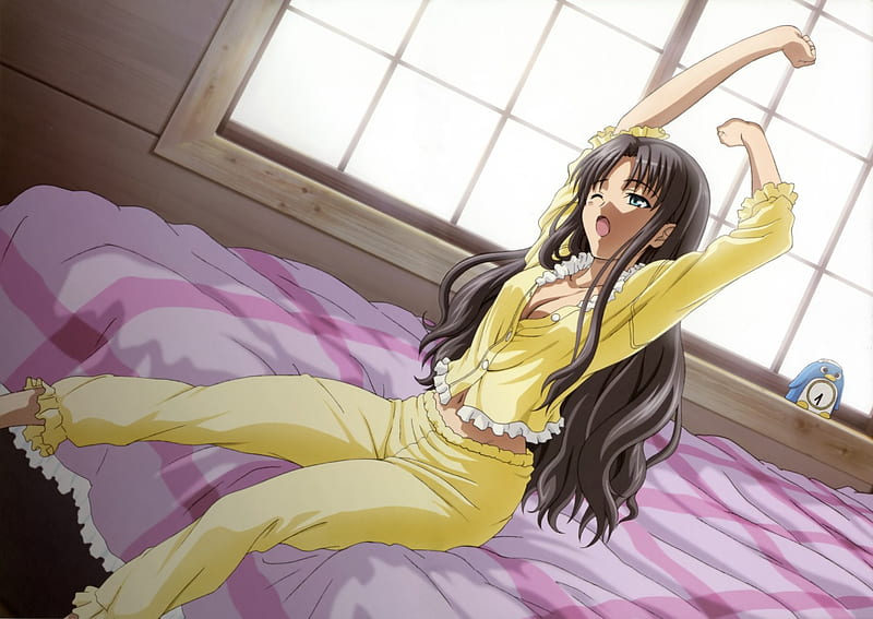 Tosaka waking up, pajamas, fate, waking, tosaka, smiling, stay, bed, in, girl, rin, anime, blushing, night, HD wallpaper