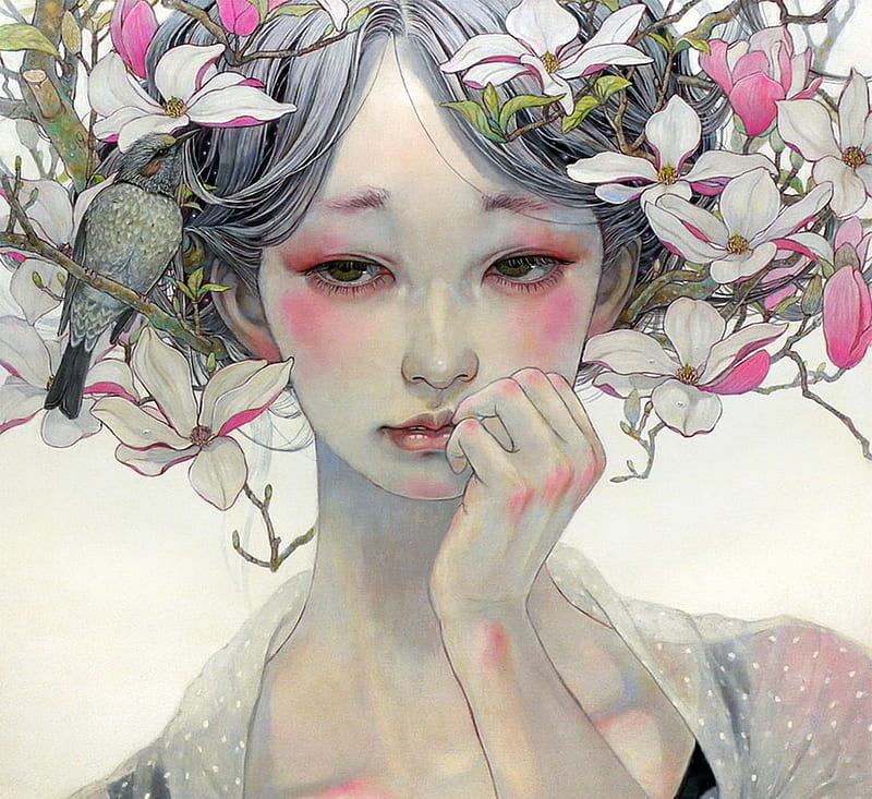 Magnolia, flower, face, girl, spring, chalk, miho hirano, art, pink, painting, pictura, HD wallpaper