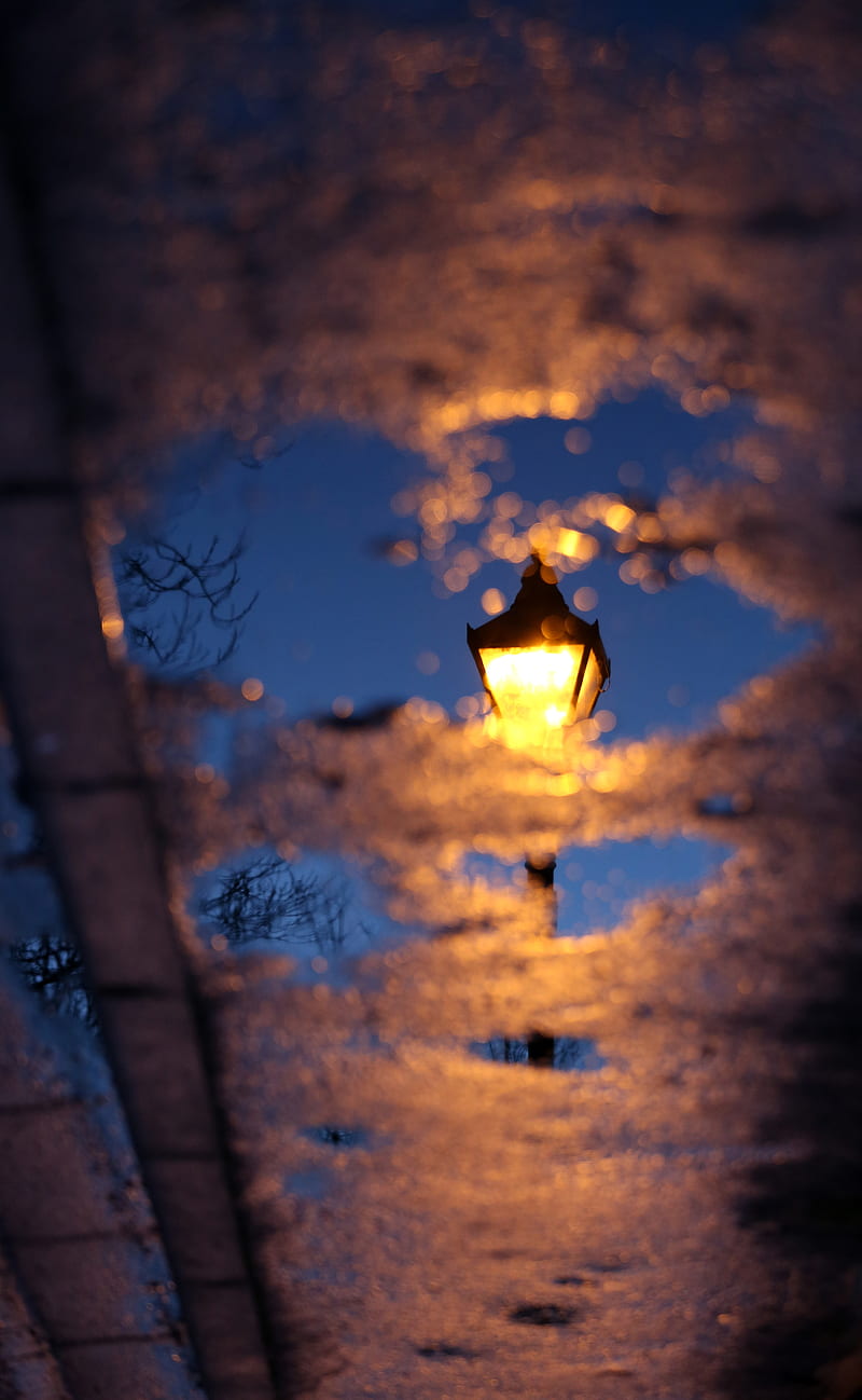 lantern, puddle, reflection, asphalt, HD phone wallpaper