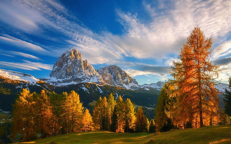 Dolomites, Italy, trees, autumn, leaves, colors, clouds, sky, alps, HD wallpaper
