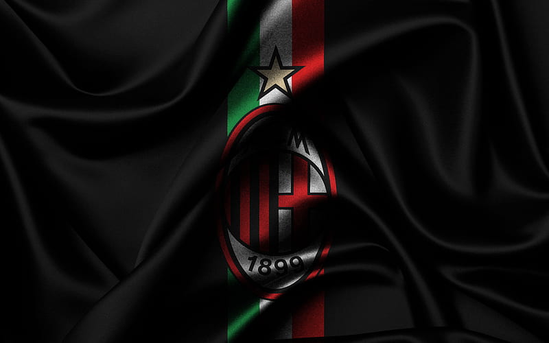 Milan, Serie A, football, Italy, black silk flag, emblem of Milan, football club, Milan logo, HD wallpaper