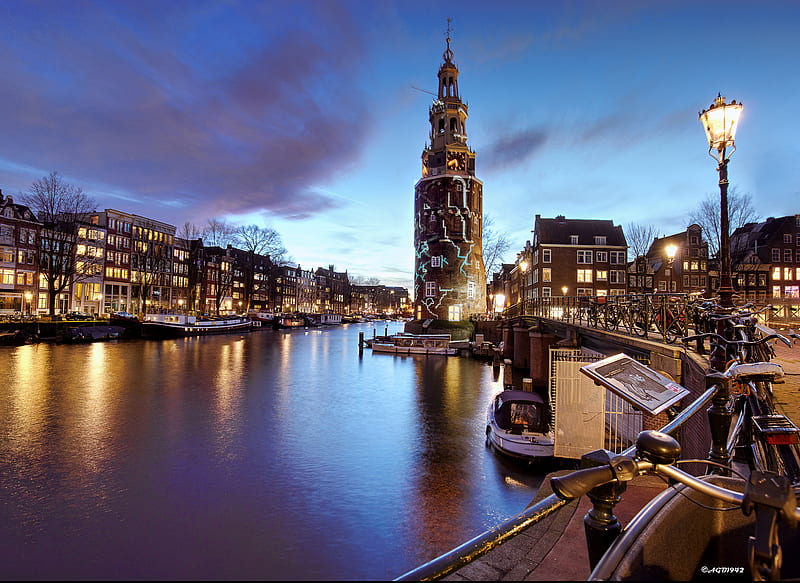 Cities, Amsterdam, Boat, Building, Canal, City, Evening, House, Netherlands, Tower, HD wallpaper