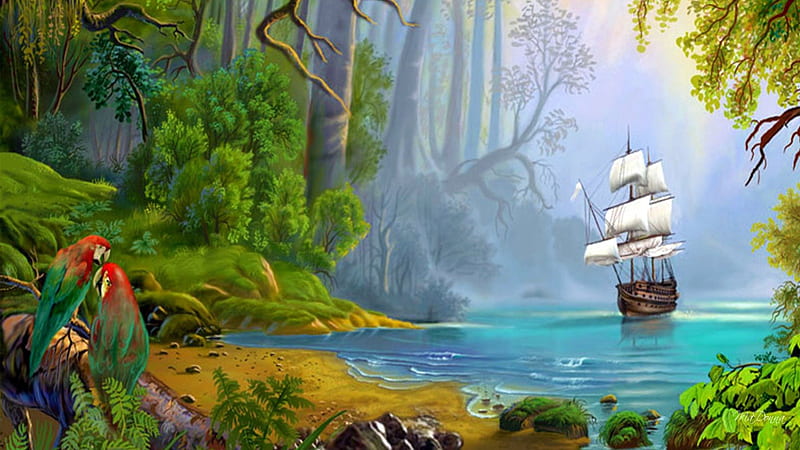 Island Sail, mystical, tall ship, trees, sailing ship, pirate, mist, beach, fantasy, jungle, parrots, morning, tropics, tropical, light, HD wallpaper