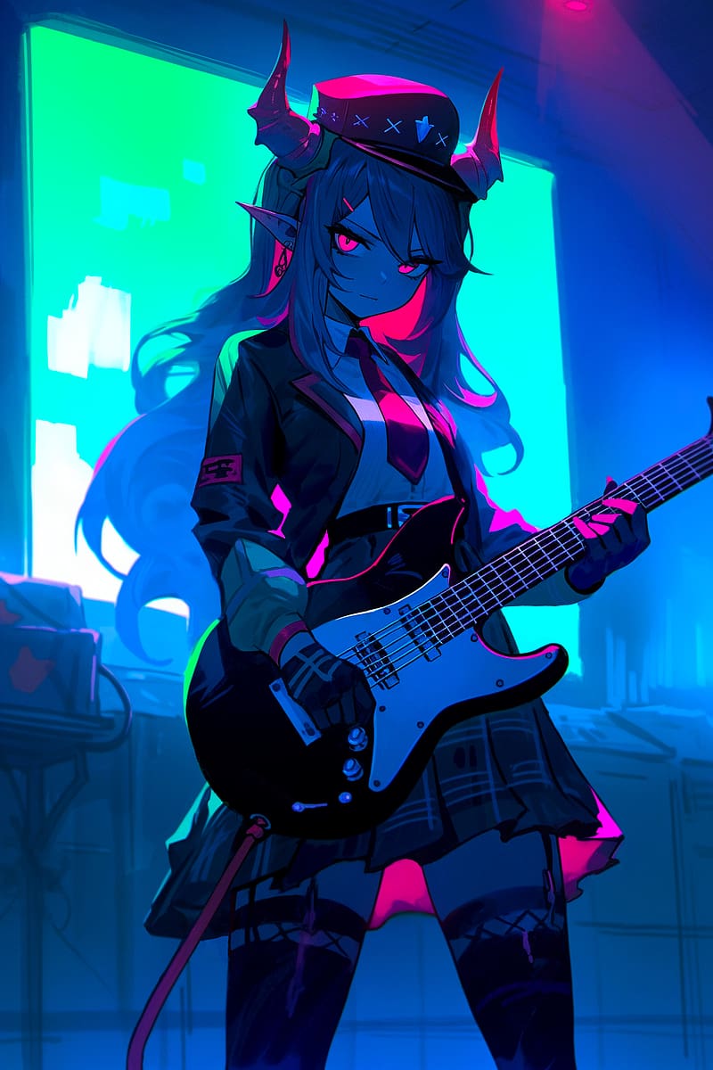 girl, demon, horns, guitar, anime, art, HD phone wallpaper girl, demon, horns, guitar, anime, art, HD phone wallpaper