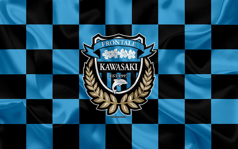 Kawasaki Frontale logo, creative art, black and blue checkered flag, Japanese football club, J1 League, J League Division 1, emblem, silk texture, Kanagawa, japan, football, HD wallpaper