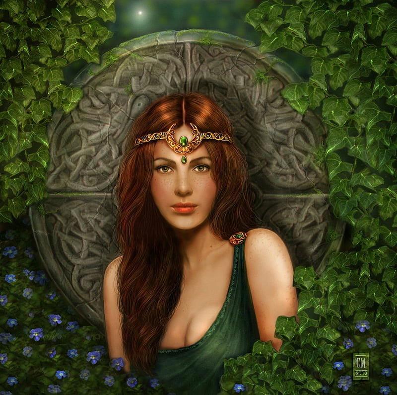 ✰Portrait of a Celtic Maiden✰, pretty, redhead, women, sweet, fantasy, paintings, splendor, bright, flowers, chair, face, celtic, drawings, lovely, lips, trees, jewelry, cute, cool, purple, eyes, maiden, colorful, dress, bonito, digital art, hair, leaves, green, girls, blooms, magnificent, female, colors, plants, sitting, portrait, HD wallpaper
