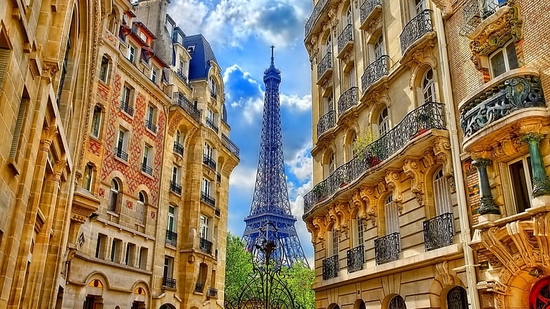 eifel tower between buildings in paris r, tower, buildings, r, moument, sky, HD wallpaper