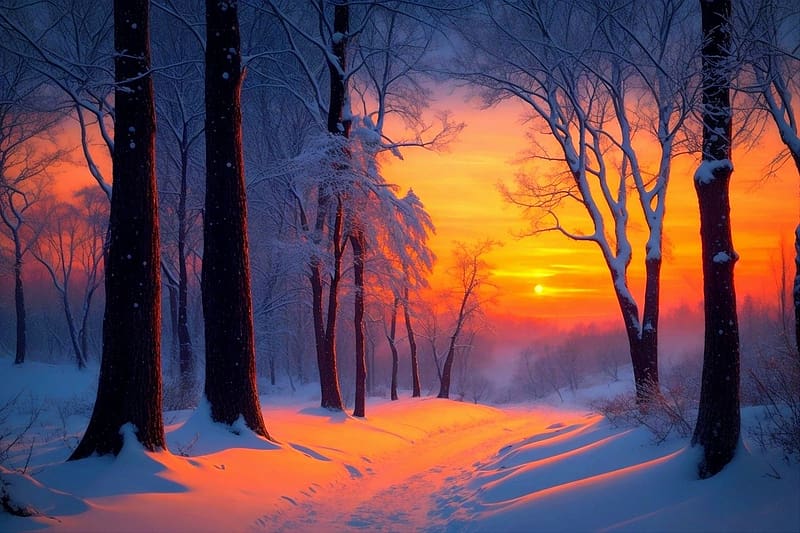 Winter forest sunset, teli szinek, teli erdo, napnyugta, havas utak, havas fak, tajkep, fak, bekes, esti hangulat, narancs szinek, mely ho, HD wallpaper
