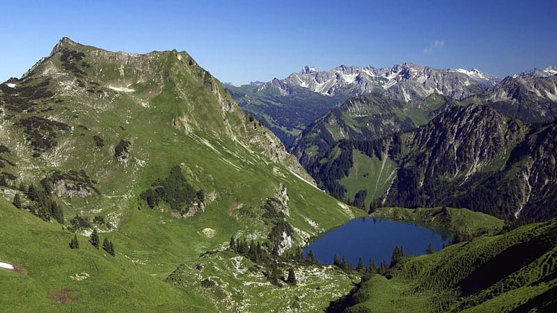 allgaeu mountains and lake in germany, rocks, cliffs, grass, mountains, lake, HD wallpaper