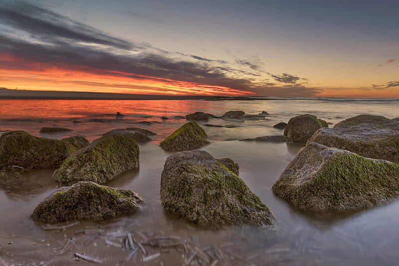 horizon, sunset, stones, shore, HD wallpaper