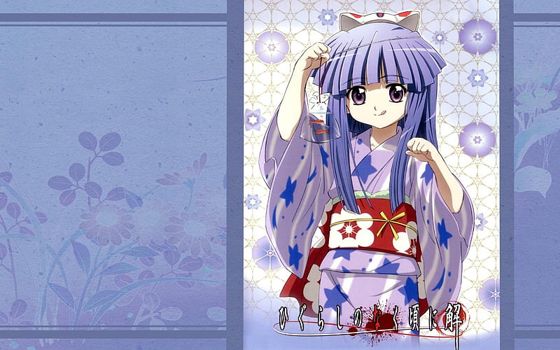 Furude Rika, cute, girl, blue hair, higurashi no naku koro ni, japanese clothes, anime, long hair, HD wallpaper