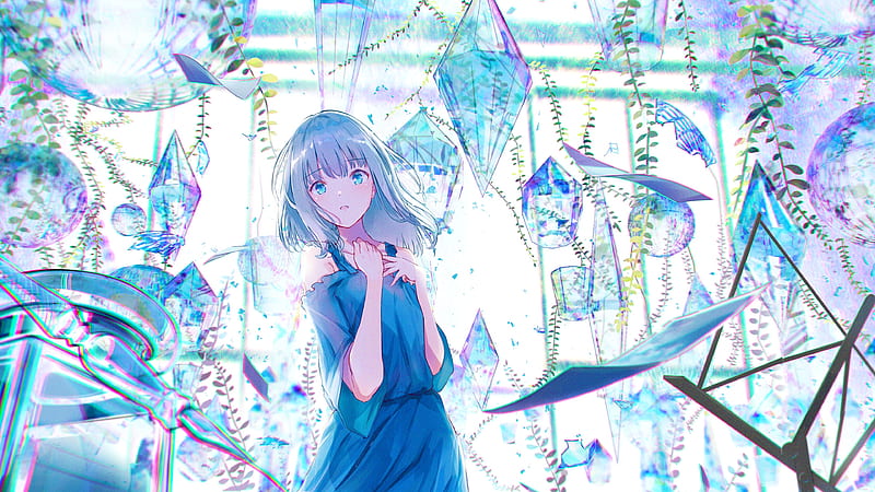 anime girl, worried expression, crystals, polychromatic, summer dress, Anime, HD wallpaper