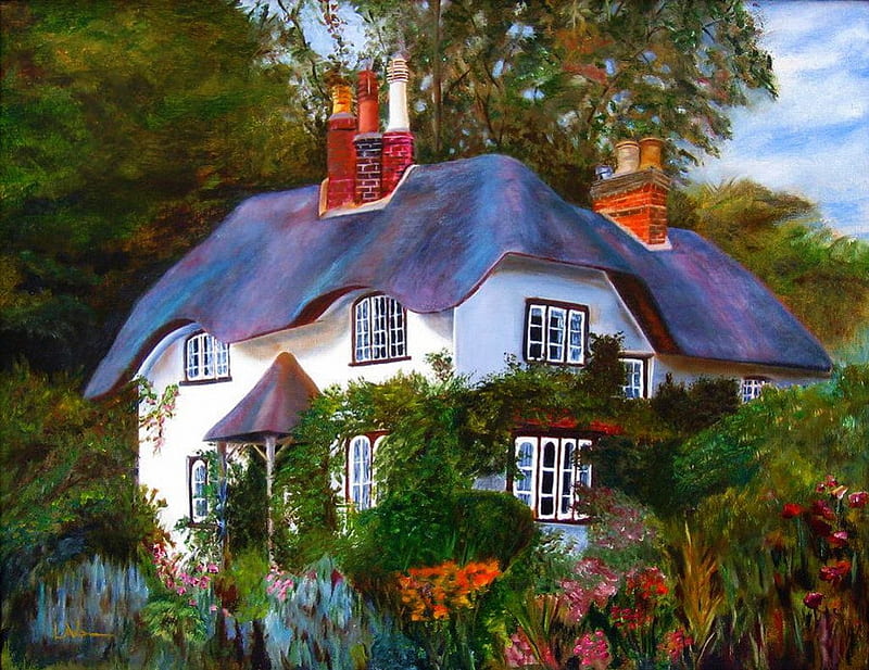 English Cottage, house, painting, flowers, garden, nature, trees, HD wallpaper