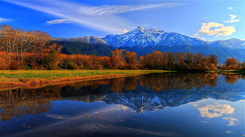 Late Autumn Landscape, bonito, blue sky, reflection, mountains, HD wallpaper