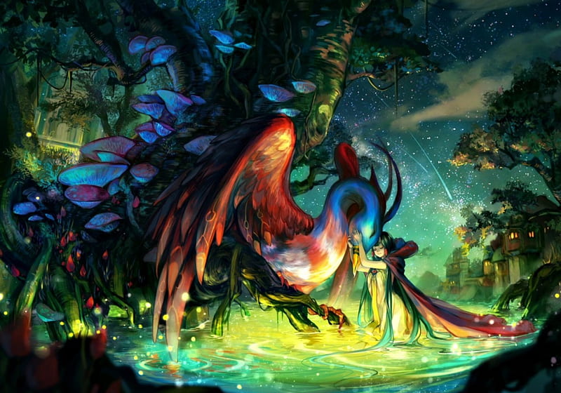 Oni, wings, luminos, manga, ayaka322, fantasy, water, girl, green, bird, feather, anime, creature, blue, night, HD wallpaper